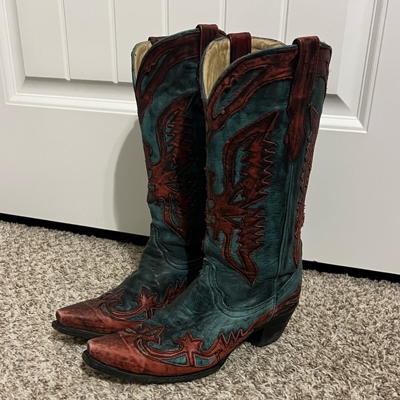 Corral Boots Shoes - Corral Distressed Turquoise and Red Eagle Boots
